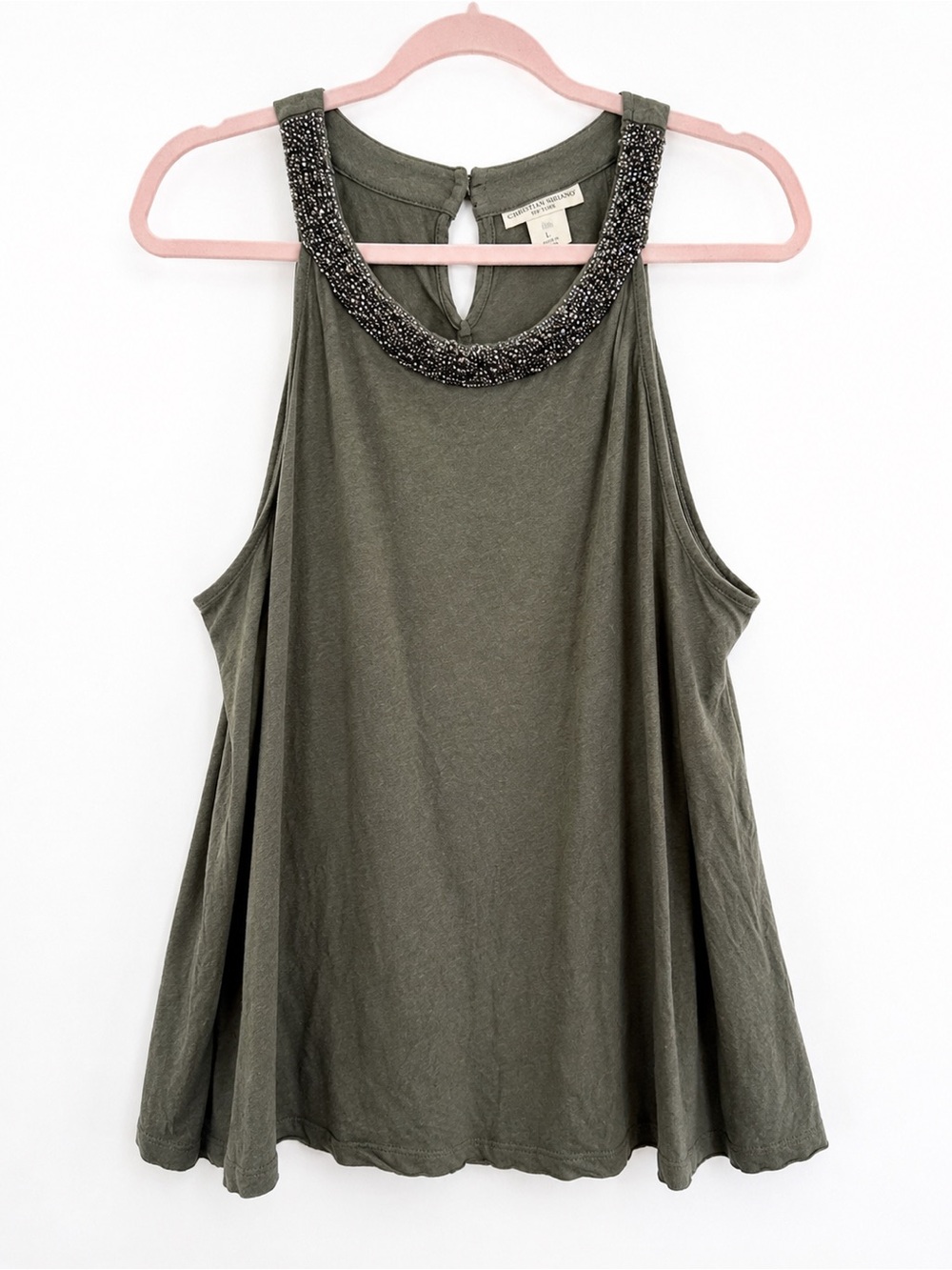 Christian Siriano Army Green Linen Blend Beaded Neck Babydoll Tank Top Large